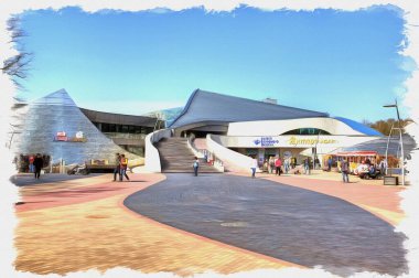 Fotoğraftan bir resim. Yağlı boya. Taklit. İllüzyon. Kaliningrad bölgesindeki bir tatil köyünde. Modern çok işlevli kültür merkezi Amber Hall 