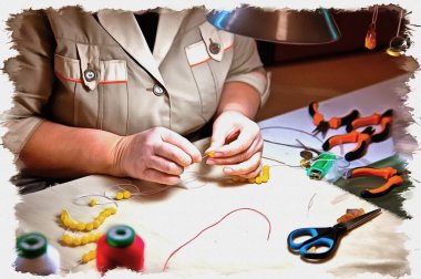 Fotoğraftan bir resim. Yağlı boya. Taklit. İllüzyon. Kuyumcunun elleri. Ustadan kehribar mücevheri yapmak