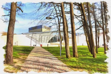 Fotoğraftan bir resim. Yağlı boya. Taklit. İllüzyon. Kaliningrad bölgesindeki bir tatil köyünde. Modern çok işlevli kültür merkezi Amber Hall 