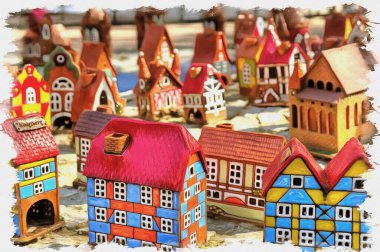 Fotoğraftan bir resim. Yağlı boya. Taklit. İllüzyon. Hatıra evlerinden yapılan antik Koenigsberg şehrinin ölçekli modeli.