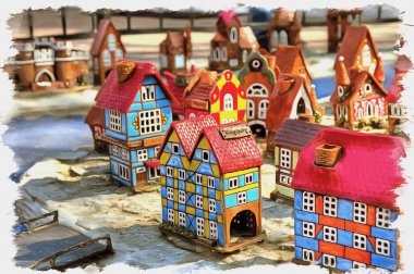 Fotoğraftan bir resim. Yağlı boya. Taklit. İllüzyon. Hatıra evlerinden yapılan antik Koenigsberg şehrinin ölçekli modeli.