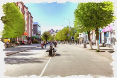 Fotoğraftan bir resim. Yağlı boya. Taklit. İllüzyon. Şehir manzarası. Sovetsk 'te Zafer Sokağı