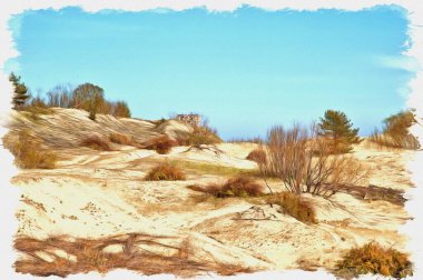 Picture from a photo. Oil paint. Imitation. Illustration. Kaliningrad region. View of the Curonian Spit, from the height of the dune Efa. Special observation deck for tourists  clipart