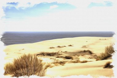 Picture from a photo. Oil paint. Imitation. Illustration. Kaliningrad region. View of the Curonian Spit, from the height of the dune Efa. Monument of nature clipart