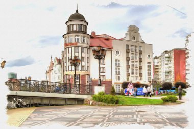 Fotoğraftan bir resim. Yağlı boya. Taklit. İllüzyon. Kalininingrad 'daki Balık Köyü (Rybnaya derevnya). Binalar Alman tarzında inşa edilmiştir. 