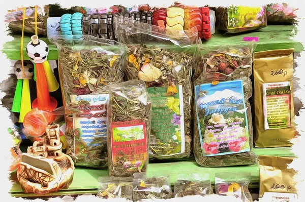 帆布上的油画 图片与照片 模仿绘画 山里草本植物制成的药茶放在商店橱窗里 — 图库照片