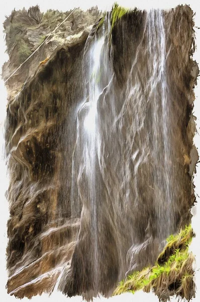 帆布上的油画 图片与照片 模仿绘画 高加索 Chegem峡谷瀑布的级联 — 图库照片