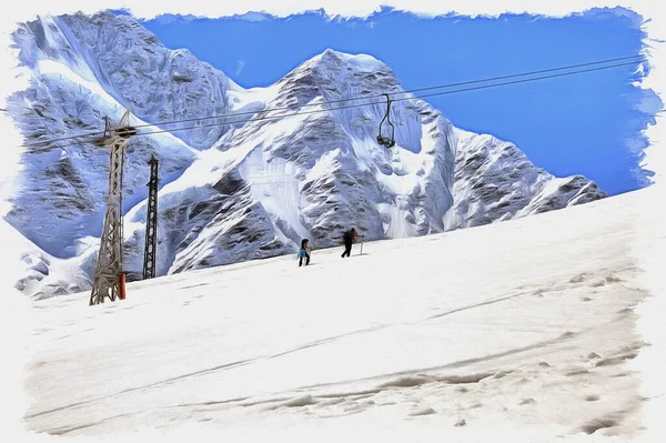 Tuval üzerine yağlı boya. Fotoğraflı resim, resmin taklidi. İllüzyon. Büyük Kafkas Dağları. Cheget Dağı yamacında dağcıların eğitimi.