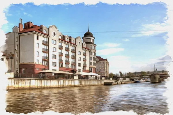 照片来自一张照片 油漆画模仿 在加里宁格勒的Rybnaya Derevnya 这些建筑物是按德国风格建造的 — 图库照片