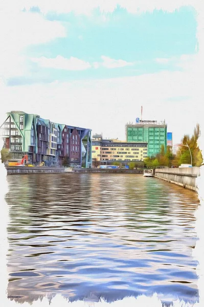 Bild Aus Einem Foto Ölfarbe Nachahmung Illustration Moderne Bürogebäude Ufer — Stockfoto