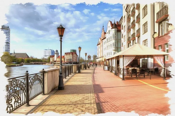 Zdjęcie Zdjęcia Farba Olejna Imitacja Ilustracja Rybnaya Derevnya Mieście Kaliningrad — Zdjęcie stockowe