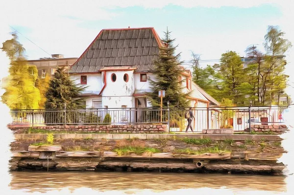 Bild Aus Einem Foto Ölfarbe Nachahmung Illustration Wohnhäuser Ufer Des — Stockfoto