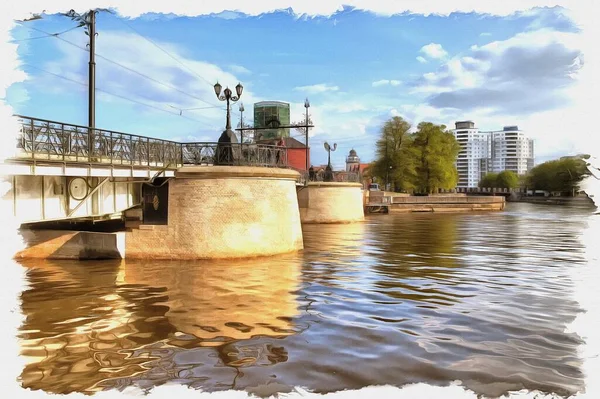 Foto Van Een Foto Olieverf Imitatie Illustratie Derevyannyy Brug Rivier — Stockfoto