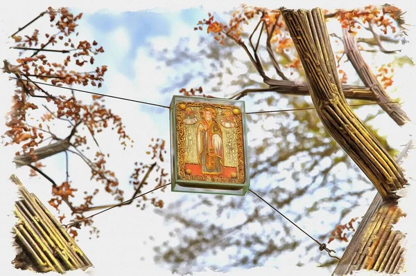 Picture Photo Oil Paint Imitation Illustration Metal Tree Amber Leaves — Stock Photo, Image