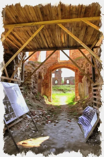 Picture Photo Oil Paint Imitation Illustration Neman City Ruins Ancient — Stock Photo, Image