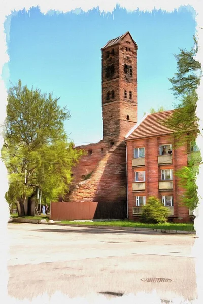 Foto Van Een Foto Olieverf Imitatie Illustratie Stad Neman Kaliningrad — Stockfoto