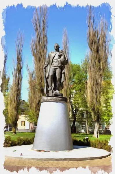 写真からの写真 油絵具 イラスト 勝利の通りに戦士解放者への記念碑 ベルリンのトレプトウ公園にある戦士解放軍の記念碑の縮小版です — ストック写真