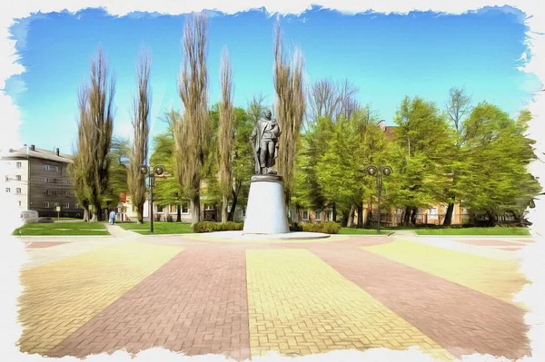 Foto Una Foto Pittura Olio Illustrazione Monumento Guerriero Liberatore Strada — Foto Stock