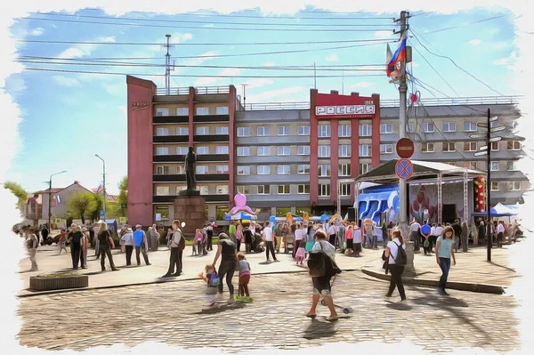 Bild Från Ett Foto Oljefärg Imitation Illustration Stadslandskap Lenintorget Staden — Stockfoto