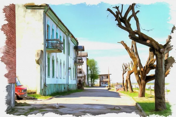 写真からの写真 油絵具 模倣だ イラスト 街の風景 ソヴェツク市の堤防通り — ストック写真