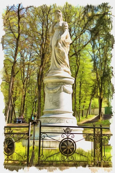 写真からの写真 油絵具 模倣だ イラスト 街の歴史的中心部に近いヤコブスルヘの最も古い公園でプロイセンの女王ルイーズの復元像とその魅力です — ストック写真