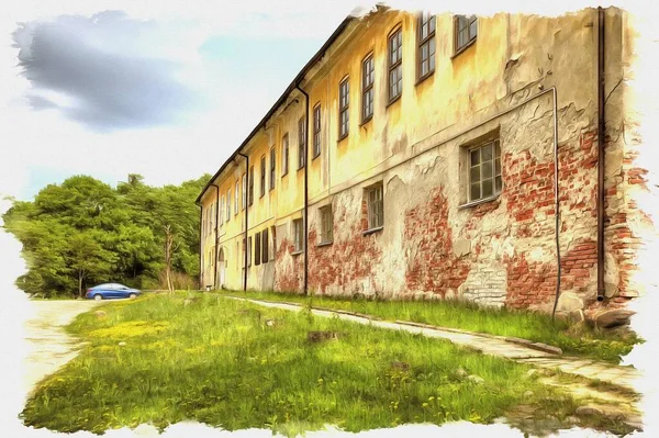 Bild Aus Einem Foto Ölfarbe Nachahmung Illustration Restaurierte Wirtschaftsgebäude Schloss — Stockfoto