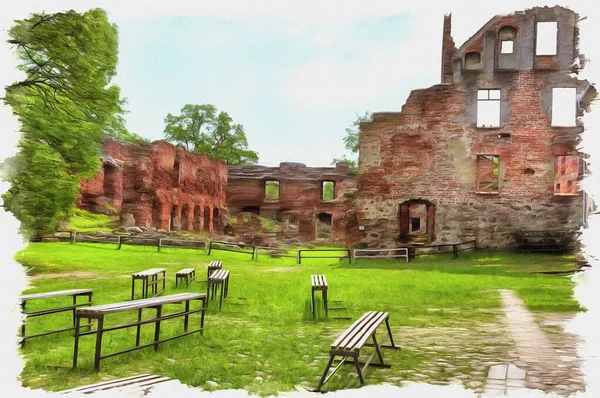 Bild Från Ett Foto Oljefärg Imitation Illustration Ruinerna Slottet Insterburg — Stockfoto