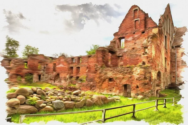 Picture Photo Oil Paint Imitation Illustration Ruins Castle Insterburg East — Stock Photo, Image