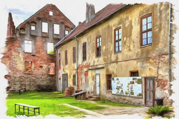 Fotoğraftan Bir Resim Yağlı Boya Taklit Llüzyon Insterburg Kalesinin Kalıntıları — Stok fotoğraf