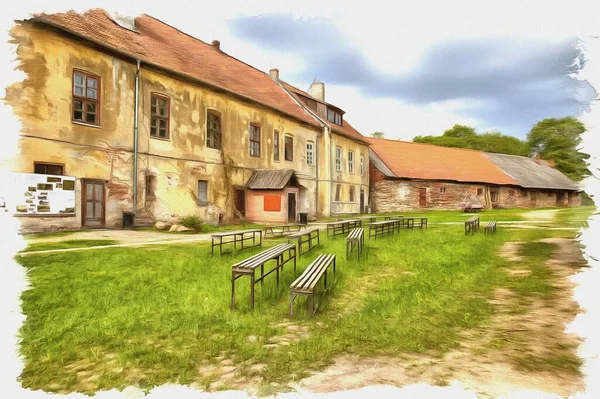 Picture from a photo. Oil paint. Imitation. Illustration. Restored farm buildings Castle Insterburg. Chernyakhovsk sity