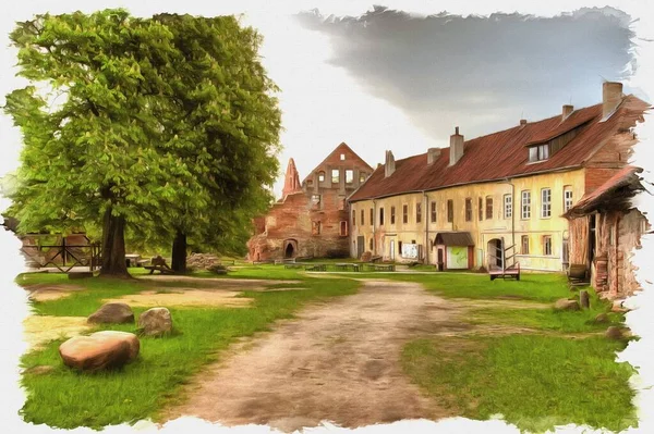 Foto Van Een Foto Olieverf Imitatie Illustratie Gerestaureerde Boerderijgebouwen Kasteel — Stockfoto