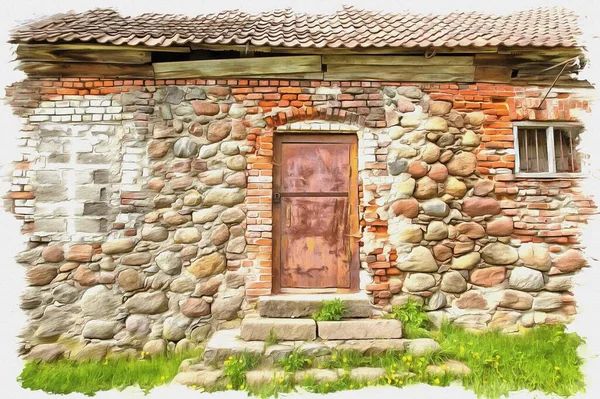 Fotka Fotky Olejová Barva Imitace Ilustrace Restaurované Farmářské Budovy Hrad — Stock fotografie