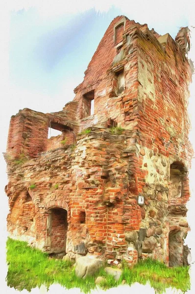 Picture Photo Oil Paint Imitation Illustration Ruins Castle Insterburg East — Stock Photo, Image