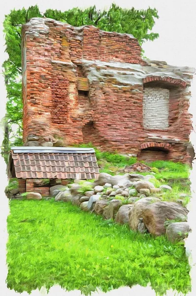 Picture Photo Oil Paint Imitation Illustration Ruins Castle Insterburg East — Stock Photo, Image