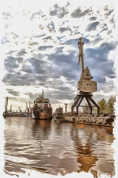 照片来自一张照片 油漆画模仿 Pregolya河岸货运港口的传送门起重机 — 图库照片