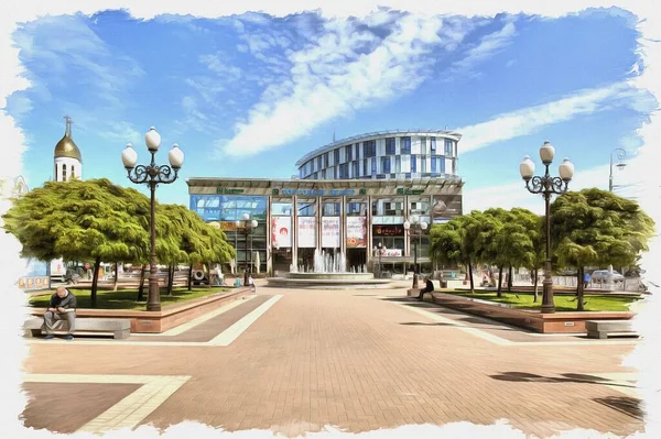 Imagem Uma Foto Tinta Óleo Imitação Ilustração Edifício Centro Comercial — Fotografia de Stock