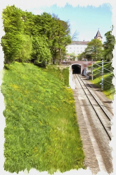 Bild Från Ett Foto Oljefärg Imitation Illustration Enspårig Järnväg Stadens — Stockfoto