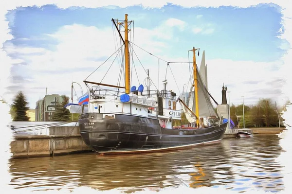 Foto Van Een Foto Olieverf Imitatie Illustratie Gemiddelde Trawler Van — Stockfoto