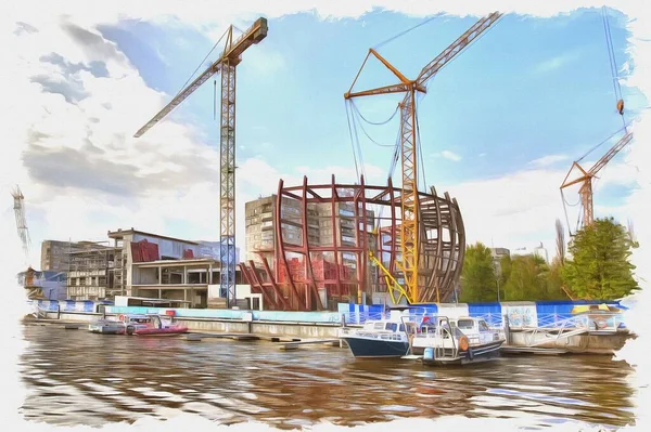 Imagem Uma Foto Tinta Óleo Imitação Ilustração Construção Novo Pavilhão — Fotografia de Stock