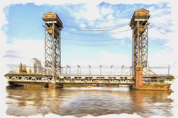 照片来自一张照片 油漆画模仿 加里宁格勒市Pregolya河两岸独特的汽车和铁路双层吊桥 — 图库照片