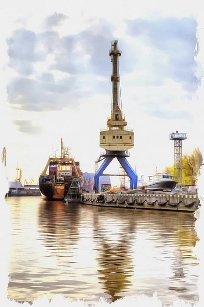 Picture Photo Oil Paint Imitation Illustration Portal Cranes Cargo Port — Stock Photo, Image