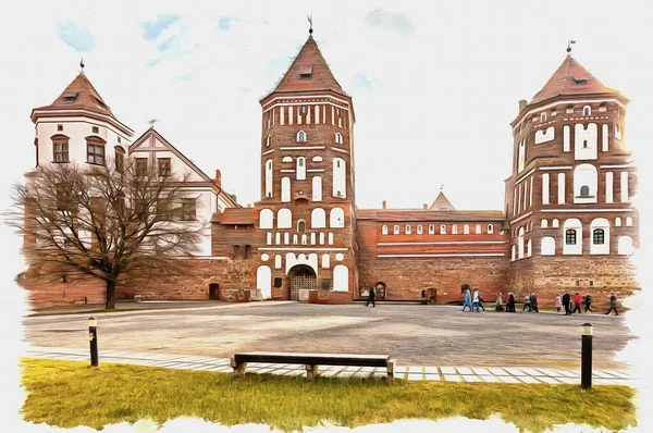 Verf Imitatie Illustratie Republiek Wit Rusland Het Mir Castle Complex — Stockfoto