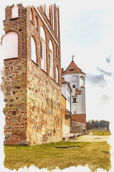 Malovat Imitace Ilustrace Běloruská Republika Mir Castle Complex Bývalý Majetek — Stock fotografie