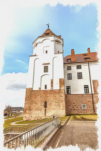 Färg Imitation Illustration Republiken Vitryssland Mir Castle Complex Tidigare Besittningar — Stockfoto