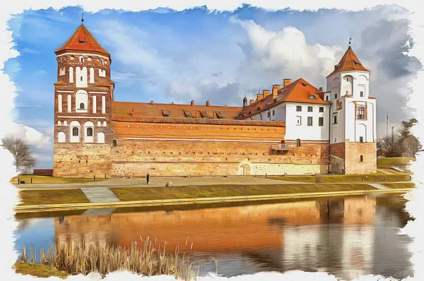 Färg Imitation Illustration Republiken Vitryssland Mir Castle Complex Tidigare Besittningar — Stockfoto