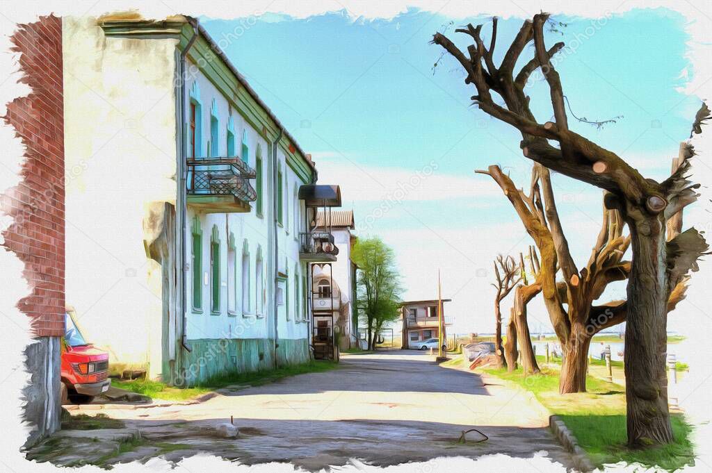 Picture from a photo. Oil paint. Imitation. Illustration. City landscape. Embankment street in Sovetsk city 