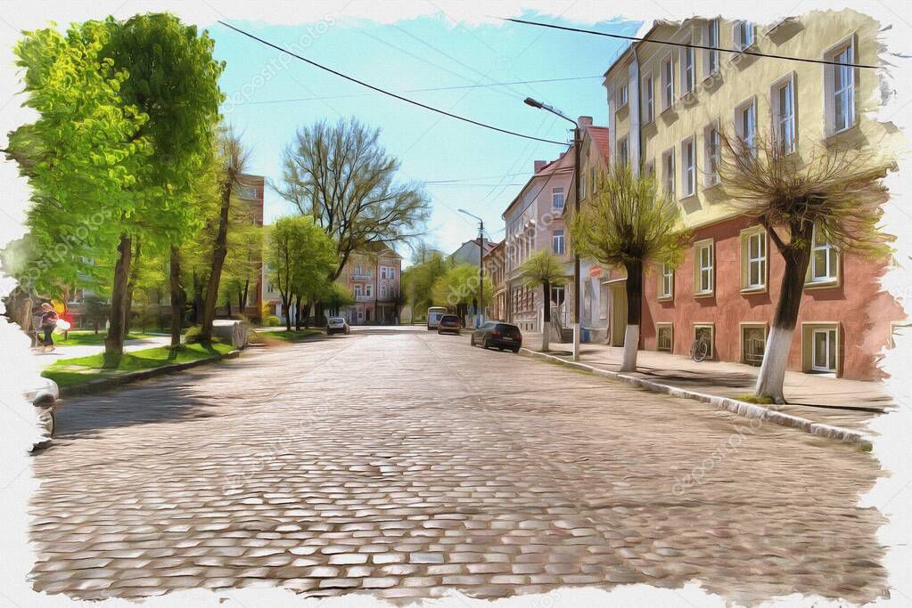 Picture from a photo. Oil paint. Imitation. Illustration. City landscape. Herzen Street in Sovetsk