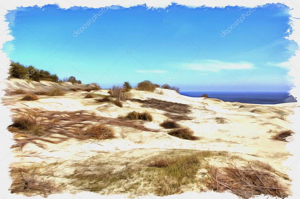 Picture from a photo. Oil paint. Imitation. Illustration. Kaliningrad region. View of the Curonian Spit, from the height of the dune Efa. Monument of nature