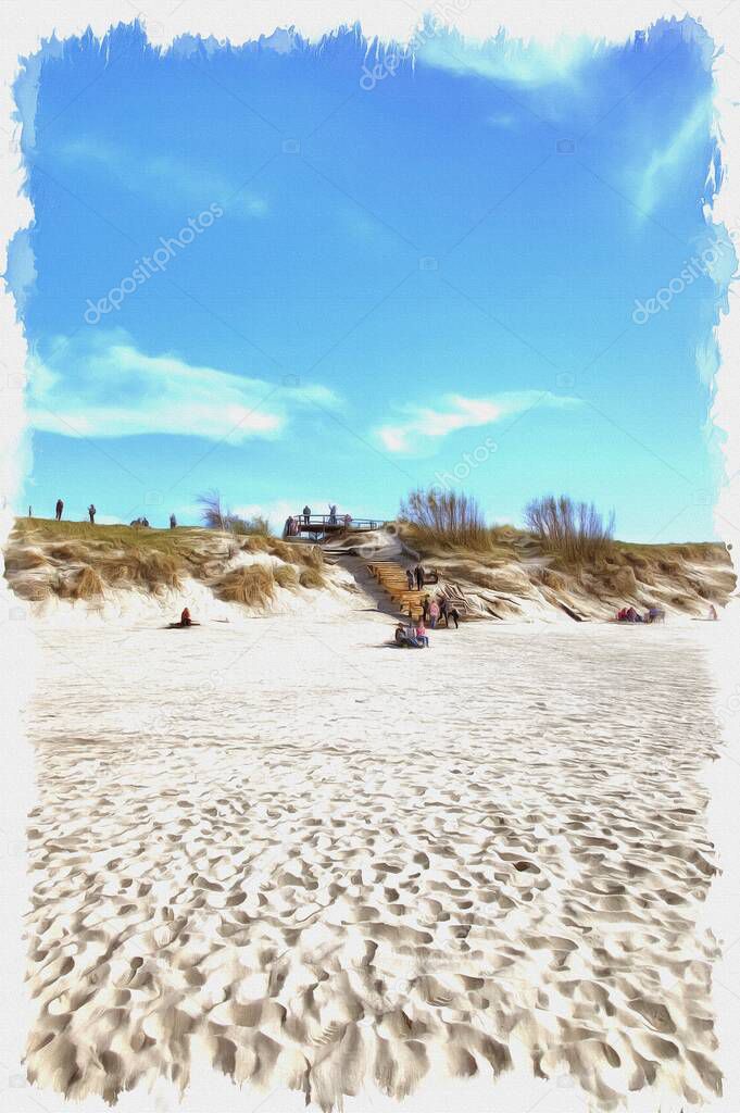 Picture from a photo. Oil paint. Imitation. Illustration. Sand beach. Coast of the Baltic Sea