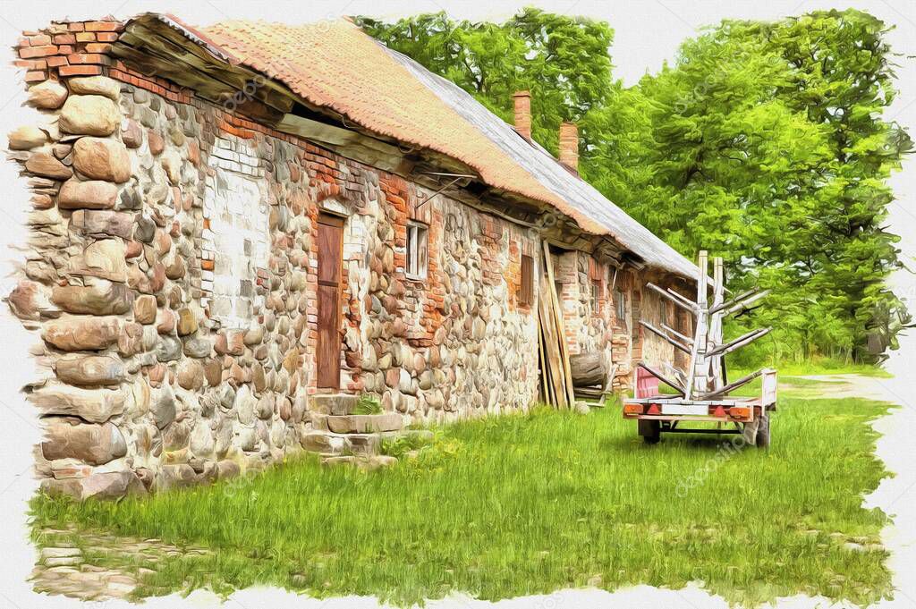 Picture from a photo. Oil paint. Imitation. Illustration. Restored farm buildings Castle Insterburg. Chernyakhovsk sity 